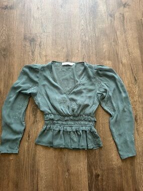 Astr Dusty Blue Embroidered Smocked Peplum Blouse